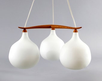 Scandinavian Modern Oak and Opaline Glass Octopus Chandelier by Uno & Östen Kristiansson for Luxus, 1950s Scandinavian Modern Oak and Opaline Glass Octopus Chandelier by Uno & Östen Kristiansson for Luxus, 1950s
