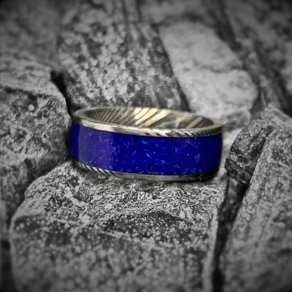 Blackened Stainless Damascus steel band with Lapis