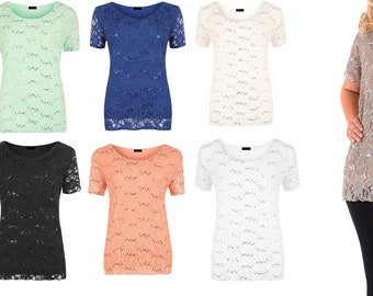 Womens  Lace Sequin Ladies Scoop Neck Short Sleeve T-Shirt Party Top Plus