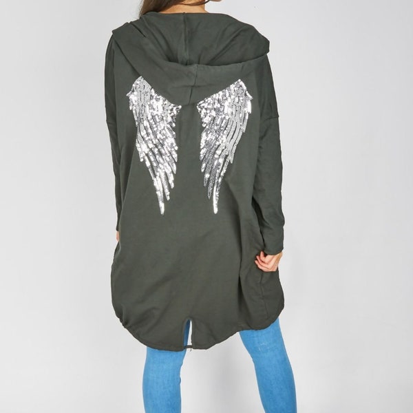 Womens Sequin Angel Wings Back Baggy Oversized Hoodie Cardigan Jacket