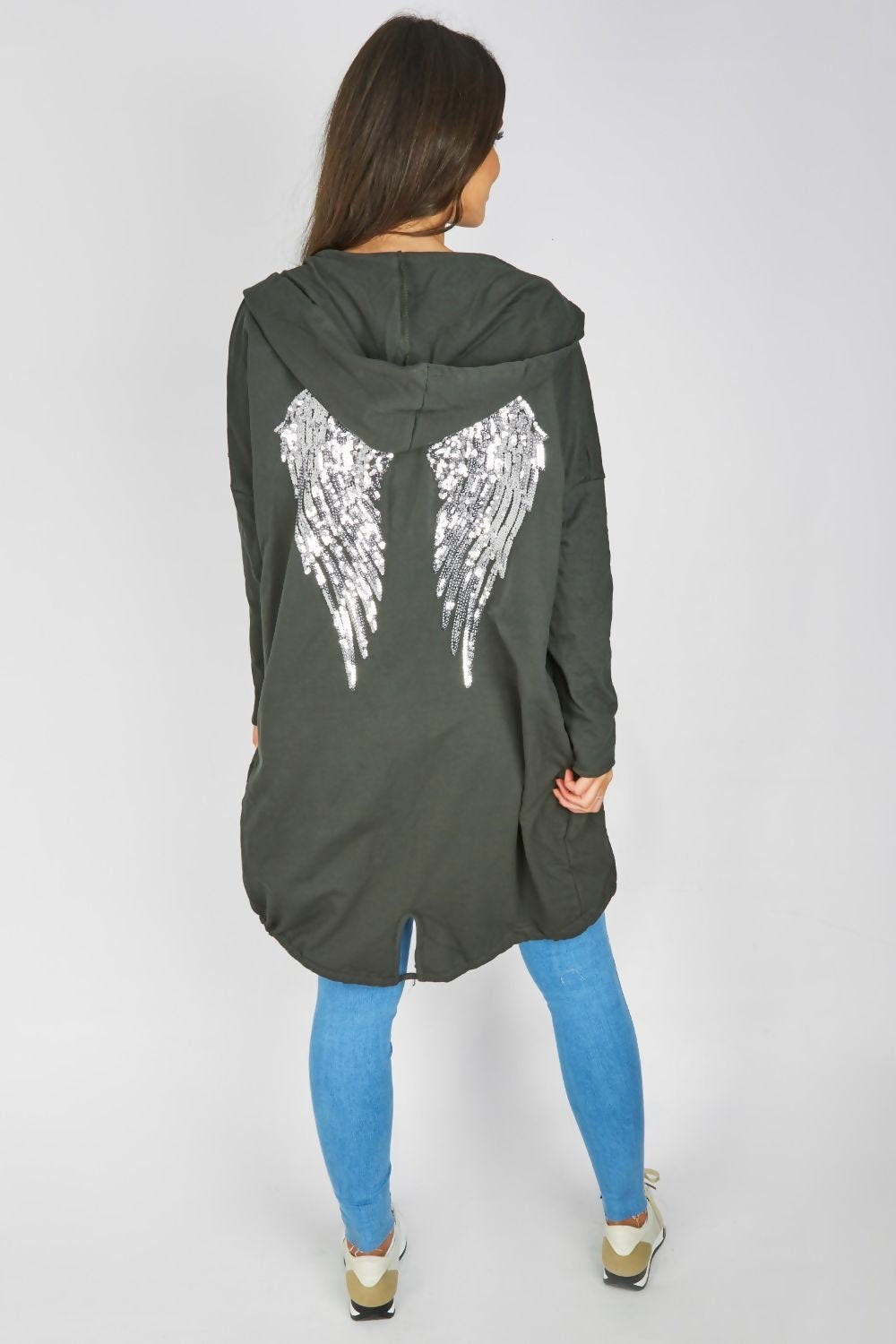 New Ladies Sequin Angel Wings Back Over-sized Hoodie Jacket Coat Cardigan 8-20 