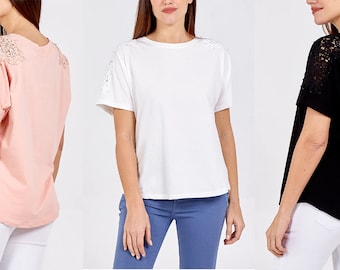 Women Ladies Lace Sleeve Detail Cotton T-shirt SM / ML
