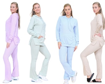 Womens Ladies Ribbed Summer Pastel Co Ordinated Set Top Drawstring Flared trousers Modest Loungewear Chill