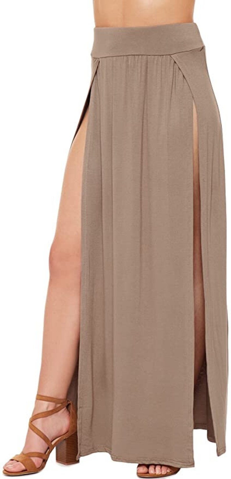 Womens Double Split Maxi Long Rock Damen Plain Basic Zwei Seitenschlitz GRÖSSE 8-22 MOCHA