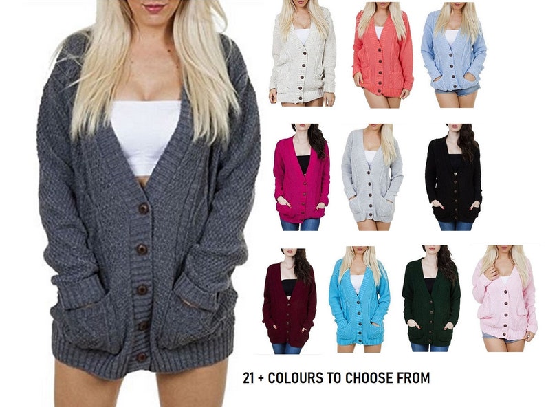 Women/'s Ladies Long Sleeve Pocket Cable Knit Chunky Cardigan