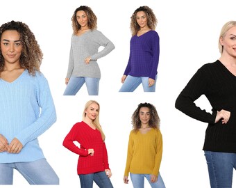 Women Ladies Long Sleeve Cable Knit V Neck Jumper Sweatshirt Top 8-24