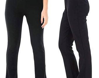 Women Ladies Ribbed Bootleg Soft Comfy Work Formal Elasticated Waist Black Trouser Size 10-24