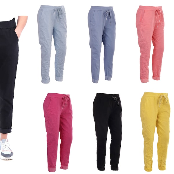 Women Ladies Lagenlook Italian Plain Elasticated waist With Pockets Magic summer joggers formal stylish Pants Trousers