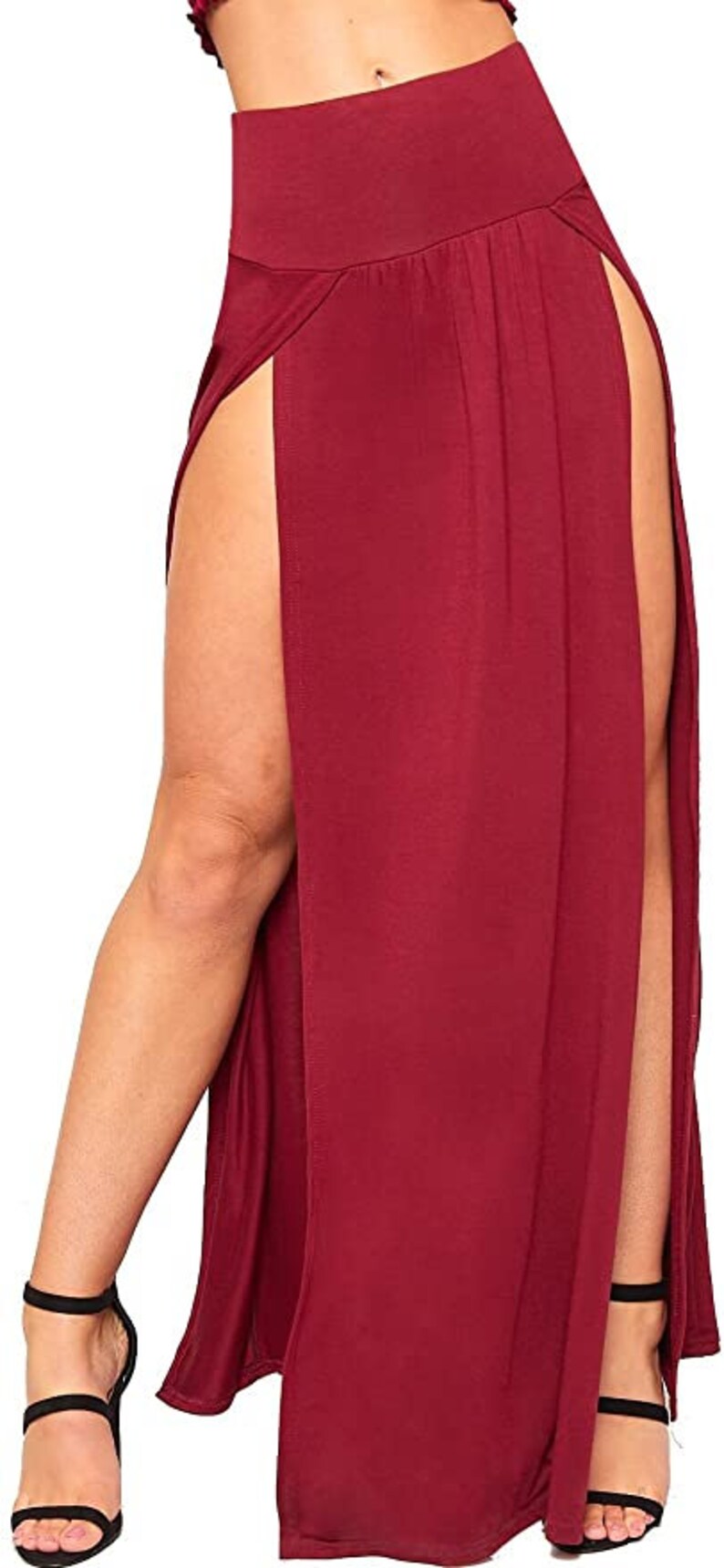 Womens Double Split Maxi Long Skirt Ladies Plain Basic Two Side Slit SIZE 8-22 WINE