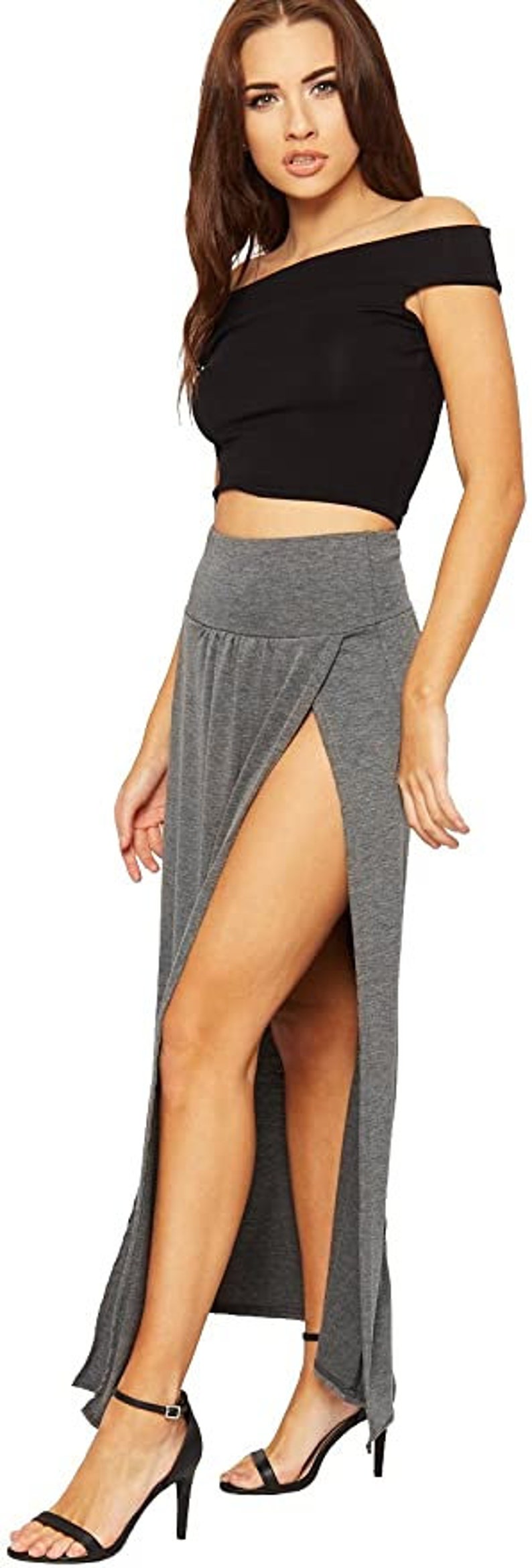 Femmes Double Split Maxi Longue Jupe Dames Plaine Basique Deux Fentes Latérales TAILLE 8-22 CHARCOAL