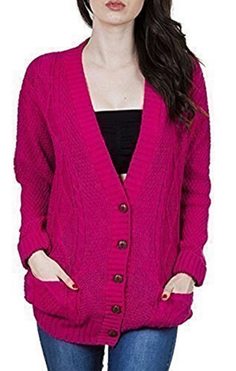 Women/'s Ladies Long Sleeve Pocket Cable Knit Chunky Cardigan