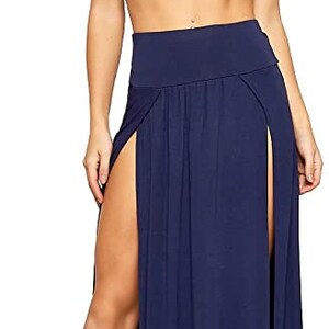 Womens Double Split Maxi Long Skirt Ladies Plain Basic Two Side Slit SIZE 8-22 NAVY