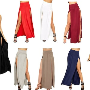 Womens Double Split Maxi Long Skirt Ladies Plain Basic Two Side Slit SIZE 8-22 image 1