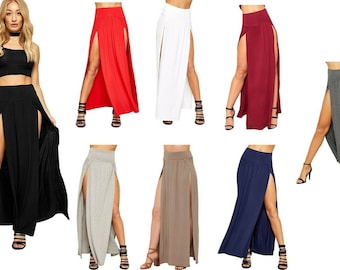 Dames Double Split Maxi Long Skirt Dames Plain Basic Two Side Slit MAAT 8-22