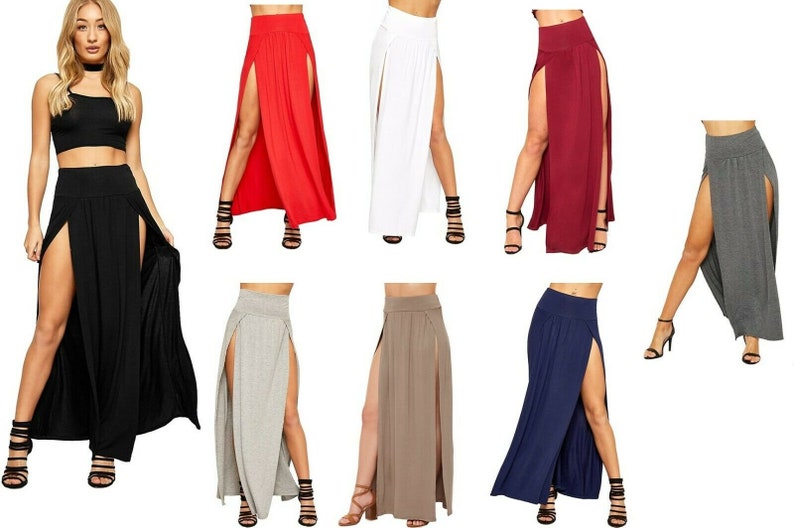 Womens Double Split Maxi Long Skirt Ladies Plain Basic Two Side Slit SIZE 8-22 image 1