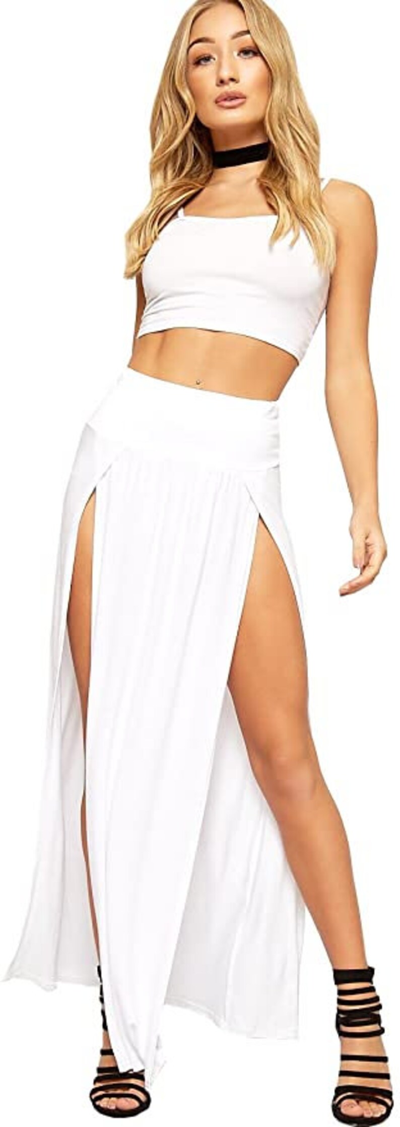 Womens Double Split Maxi Long Rock Damen Plain Basic Zwei Seitenschlitz GRÖSSE 8-22 WHITE