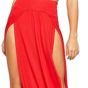 Womens Double Split Maxi Long Skirt Ladies Plain Basic Two Side Slit SIZE 8-22 RED