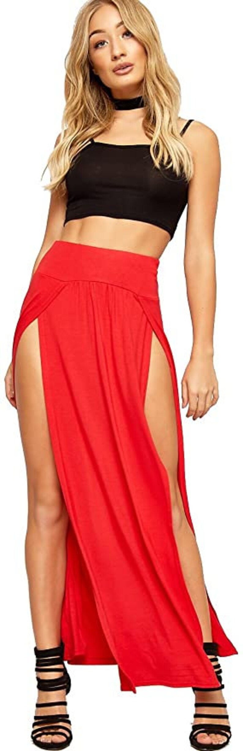 Womens Double Split Maxi Long Skirt Ladies Plain Basic Two Side Slit SIZE 8-22 RED