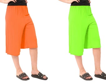 Women Ladies 3/4 Cropped Capri Pants Summer Neon Pink Green Lime Yellow Florescent Plazo