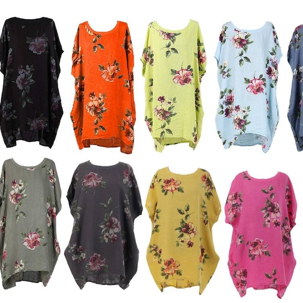 Women lagenlook Italian Oversized floral printed linen tunic plus size baggy Summer top
