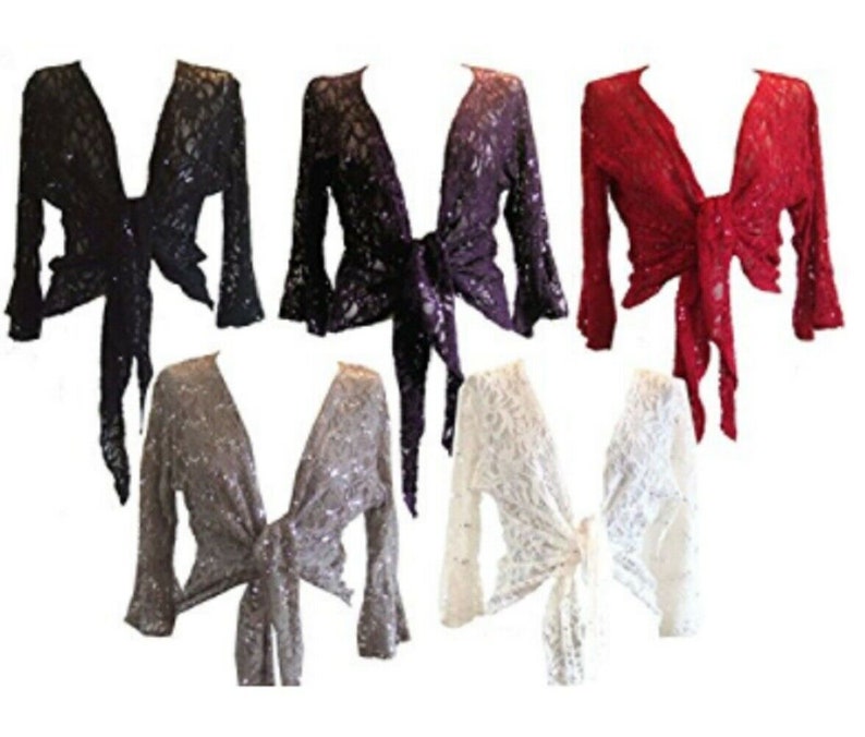 Womens Sparkly Sequin Lace Front Tie Evening Bolero Shrug party Womens Sparkly Sequin Lace Front Tie Evening Bolero Shrug party