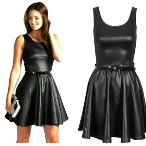 Women Ladies Leather Wetlook Shortsleeve Skater Belted Mini Dress 8-26 size