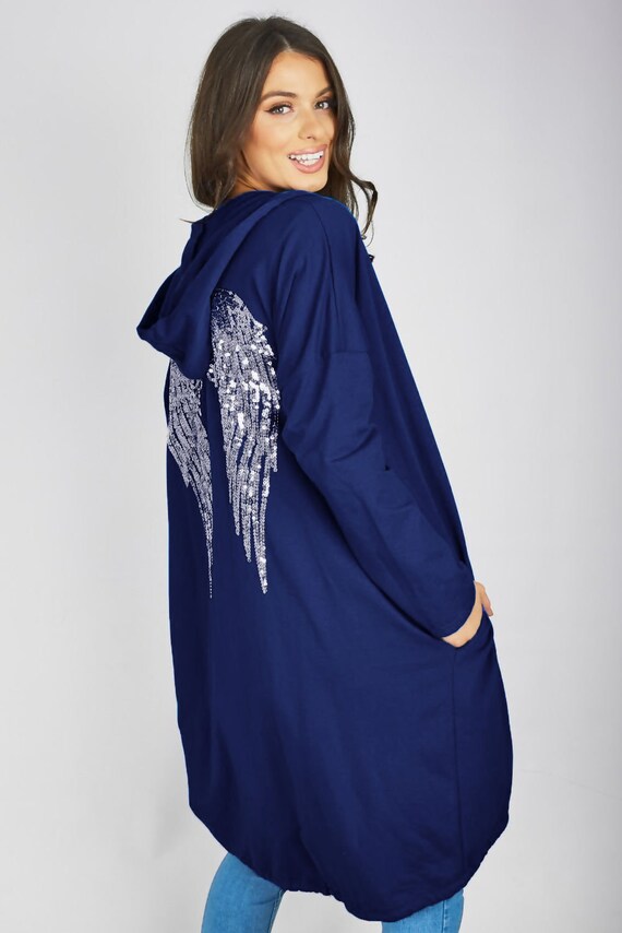 Womens Sequin Angel Wings Back Baggy Oversized Hoodie Cardigan