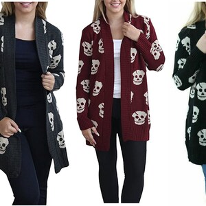 Women Ladies All Over Skull Print Open Front Long Sleeve Knitted Cableknit Cosy Spooky Cardigan