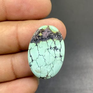 Peut inclure: Une pierre précieuse cabochon de forme ovale présentant une base vert menthe pâle avec un motif de matrice brun foncé à noir proéminent. La partie supérieure de la pierre affiche une inclusion sombre distincte avec une petite tache pourpre.