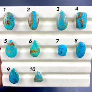 May include: Ten polished turquoise gemstones in different shapes, including oval, teardrop, and rectangular. The stones are a vibrant blue-green with brown matrix patterns. Ideal for jewellery making, the stones are displayed on a white surface.