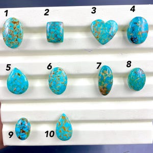 May include: A collection of ten turquoise gemstones in various shapes, including oval, rectangular, teardrop, and heart. The stones display a vibrant blue color with brown matrix patterns. The gemstones are arranged on a white display surface.