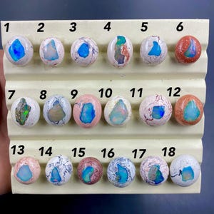 May include: A collection of eighteen oval-shaped opals displayed on a white stand. The opals vary in color, with blue, pink, and orange hues. Each opal has a unique pattern and internal structure. Numbers 1 through 18 are printed on the stand.