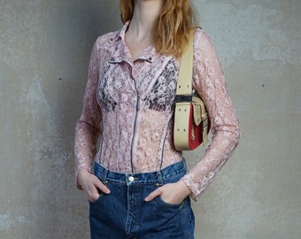 Vintage 90s 2YK BIBA transparent lace top sz. 38/Meter rosé, top in motorcycle jacket style, lace blouse top, light jacket