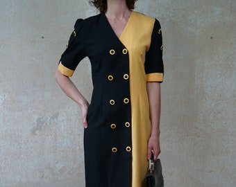 Vintage 80s pencil dress size. 36/S black yellow color-blocking Lady Diana midi dress