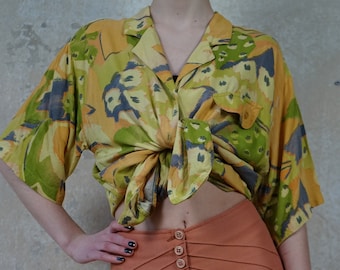 Vintage 80s blouse abstract print size. 38/40 M/L yellow, mustard, orange, olive, grey, oversized summer blouse, great condition