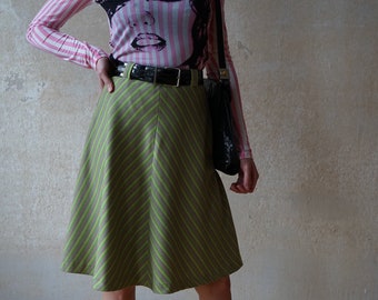 Vintage ungetragener 60s 70s Rock A-Linie Gr. 34/XS grün gelb rosa blau gestreift schwarzer Lackgürtel selten Françoise Hardy