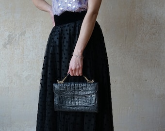 Vintage 80s bombastic maxi skirt size. 38/meter black multi-layered, dotted tulle, satin, checked silk, custom-made unique piece