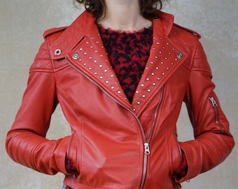 Vintage 90s 00s biker leather jacket ELLA SINGH size. 34/36 XS/S strong red super soft leather, silver rivets, biker jacket