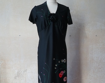 Vintage evening dress maxi dress 70s 70s size. 44-46 XXL black magnificent colorful flower motif hippie summer dress short sleeve great condition