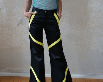Vintage 90s MEUCCI Raver hipsters size. 27 (34/36, XS/S) black neon, 90s Y2K low waist wide leg, sexy Raver bell bottoms Omen Techno-Club