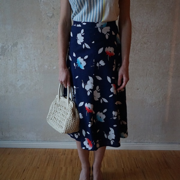 Vintage midi skirt high waist, 60s 70s, floral pattern, Hawaiian pattern, size. 40 L large, floral pattern, playfully romantic