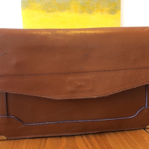 Wunderschöne Damen Lederhandtasche Clutch mit abnehmbarem Schultergurt Cognac braun Vintage 60er/70er Jahre 60s 70s  guter Zustand