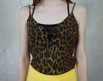 Vintage 90s mesh top leo print size. 36/S olive black brown leopard pattern spaghetti strap top animal print summer top, KOOKAI