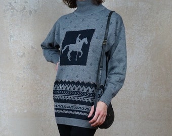 Vintage knit sweater wool sweater winter turtleneck glitter Lurex 80s 80s size. 34 36 38 XS S M Label Mondi equestrian motif horse Christmas