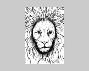 Lion Big Cat Original Ink Drawing 5x7 plus matted LJG