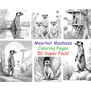 Meerkat Madness - 50 Super Pack! Adorable African Mongoose Wildlife Adult Coloring Book Pages! Instant Download Printable