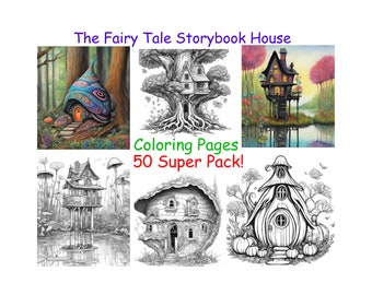 Fairy Tale Storybook House - 50 Super Pack Adult Coloring Pages! Whimsical Drawings of Fantasy Dwellings. Instant Download Printable. Vol.#2