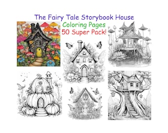 Fairy Tale Storybook House - 50 Super Pack Adult Coloring Pages! Whimsical Drawings of Fantasy Dwellings. Instant Download Printable. Vol.#1