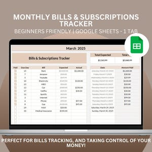 Rastreador de contas e assinaturas, Rastreador de contas mensais do Google Sheets, Registro de pagamentos, Planilha de orçamento