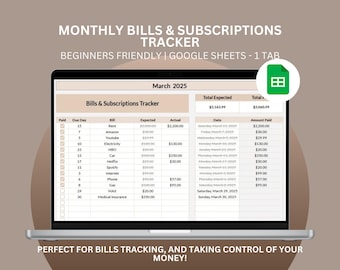 Bills and Subscriptions Tracker, Monthly Bill Tracker Google Sheets, Payment Log, Budget Spreadsheet